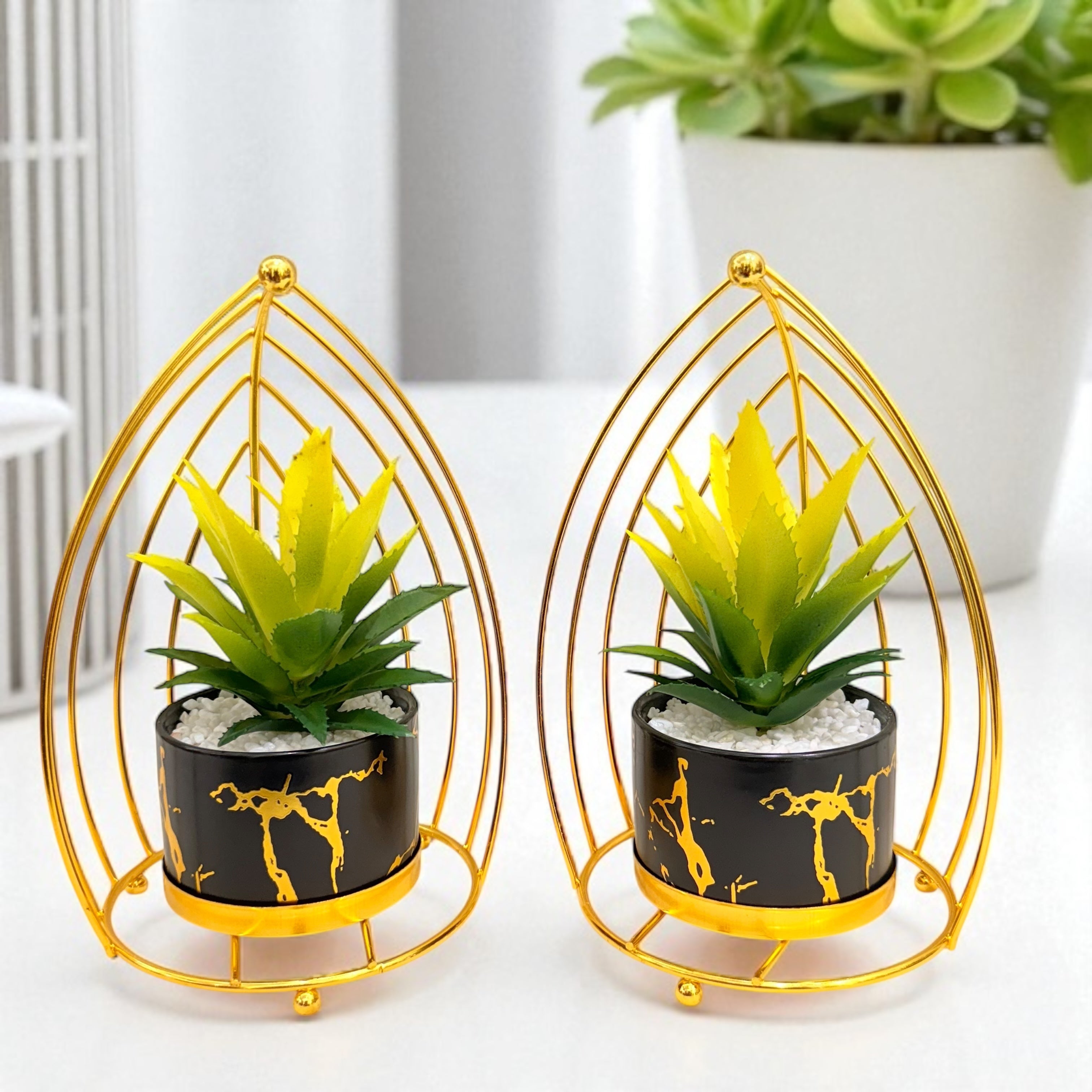 Artificial Succulent Plant Set - Black Marble Pot